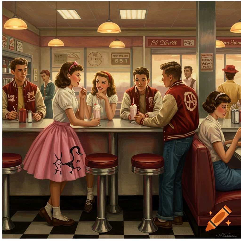 A depiction of teenagers enjoying milkshakes at a 1950s diner counter.