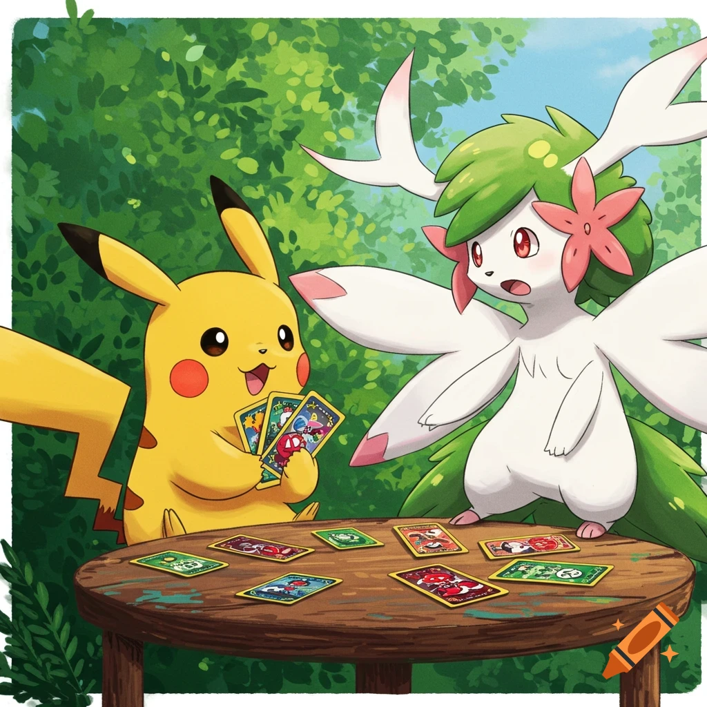 Pikachu and Shaymin playing cards at a table outdoors