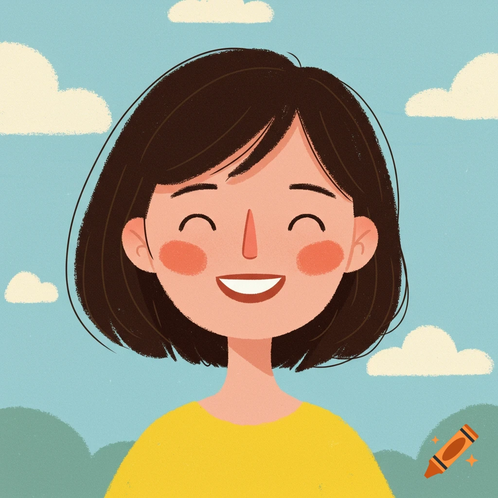 Smiling woman illustration with clouds in the background