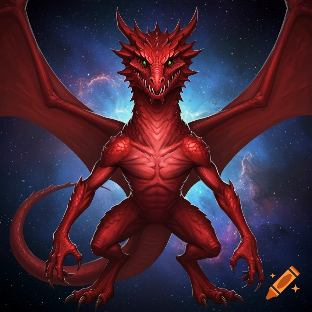 A red dragon with green eyes and wings against a starry space background.