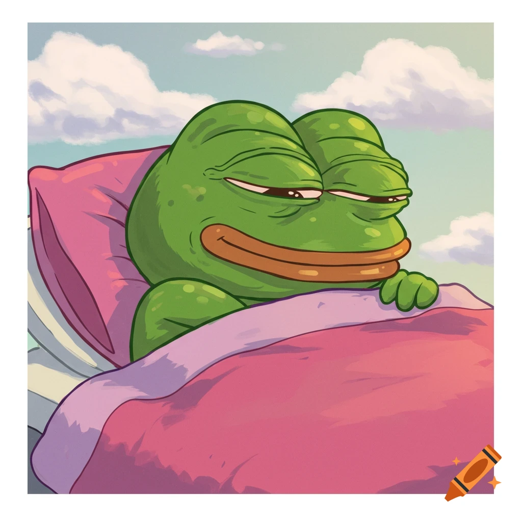Pepe the Frog sleeping comfortably in bed under a pink blanket.