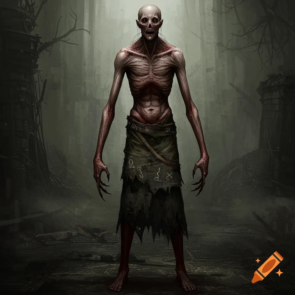 A gaunt, skeletal monster with sharp claws and red eyes stands in a dark, desolate setting.