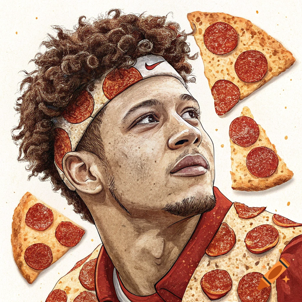 Watercolor illustration of Patrick Mahomes with pizza slices covering his body and floating around him.