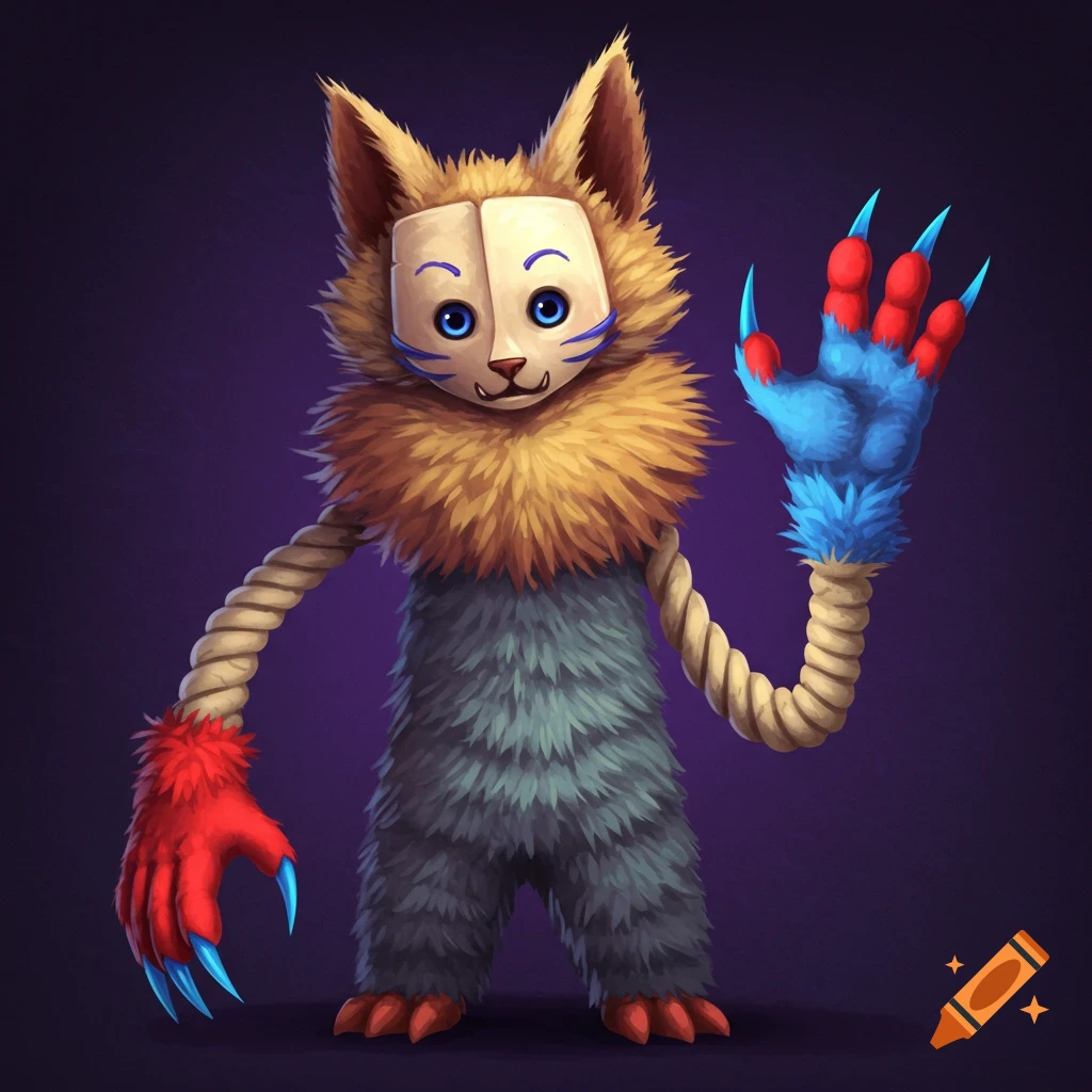 A furry creature with a mask, rope arms, and red/blue hands with claws.