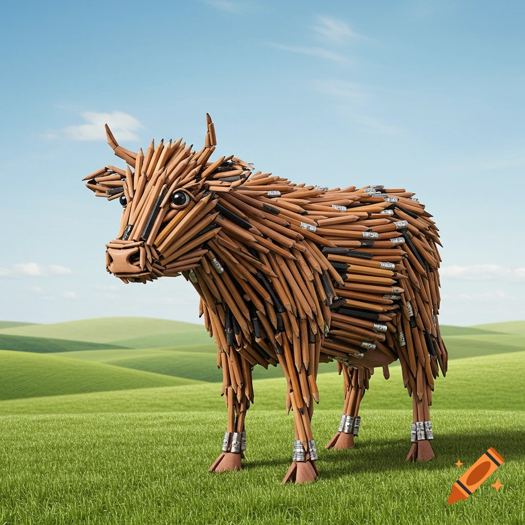 A sculpture of a cow made from pencils stands in a grassy field under a blue sky.