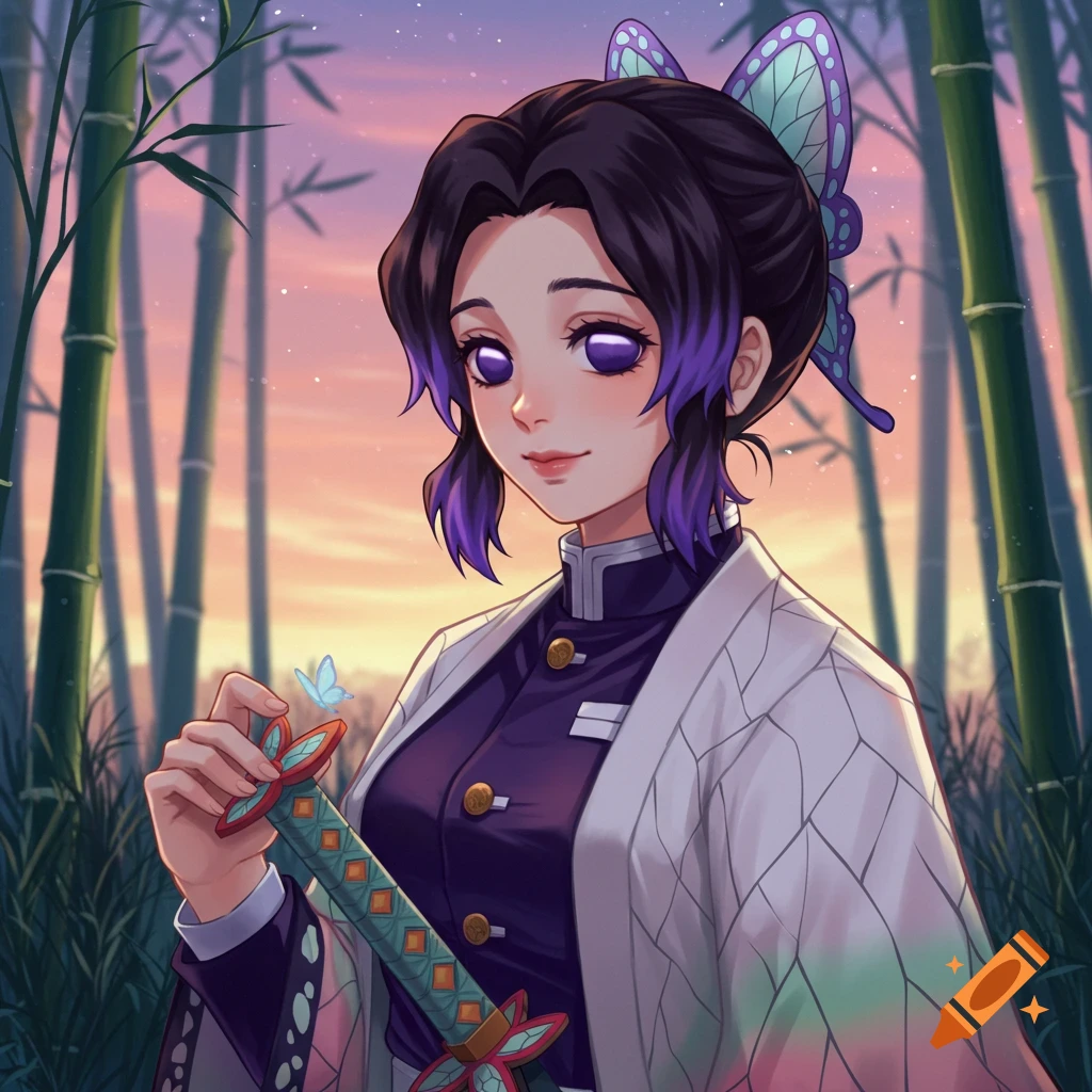 Anime character Shinobu Kocho in a bamboo forest with a sword and butterfly.