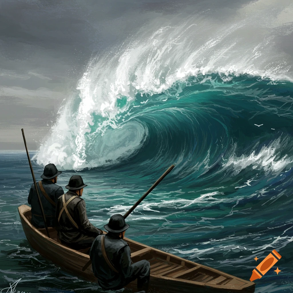 Three men in a small boat facing a massive wave under a dark sky.