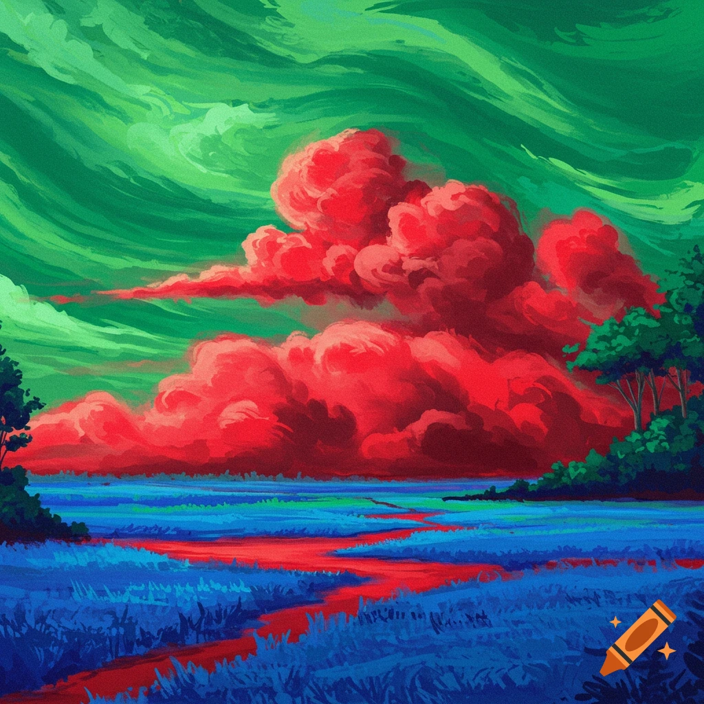 A landscape with red clouds over a blue field, a red river, and green sky and trees.