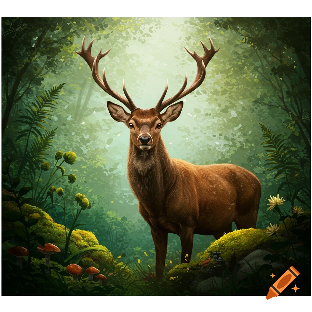 A deer with large antlers standing in a forest.