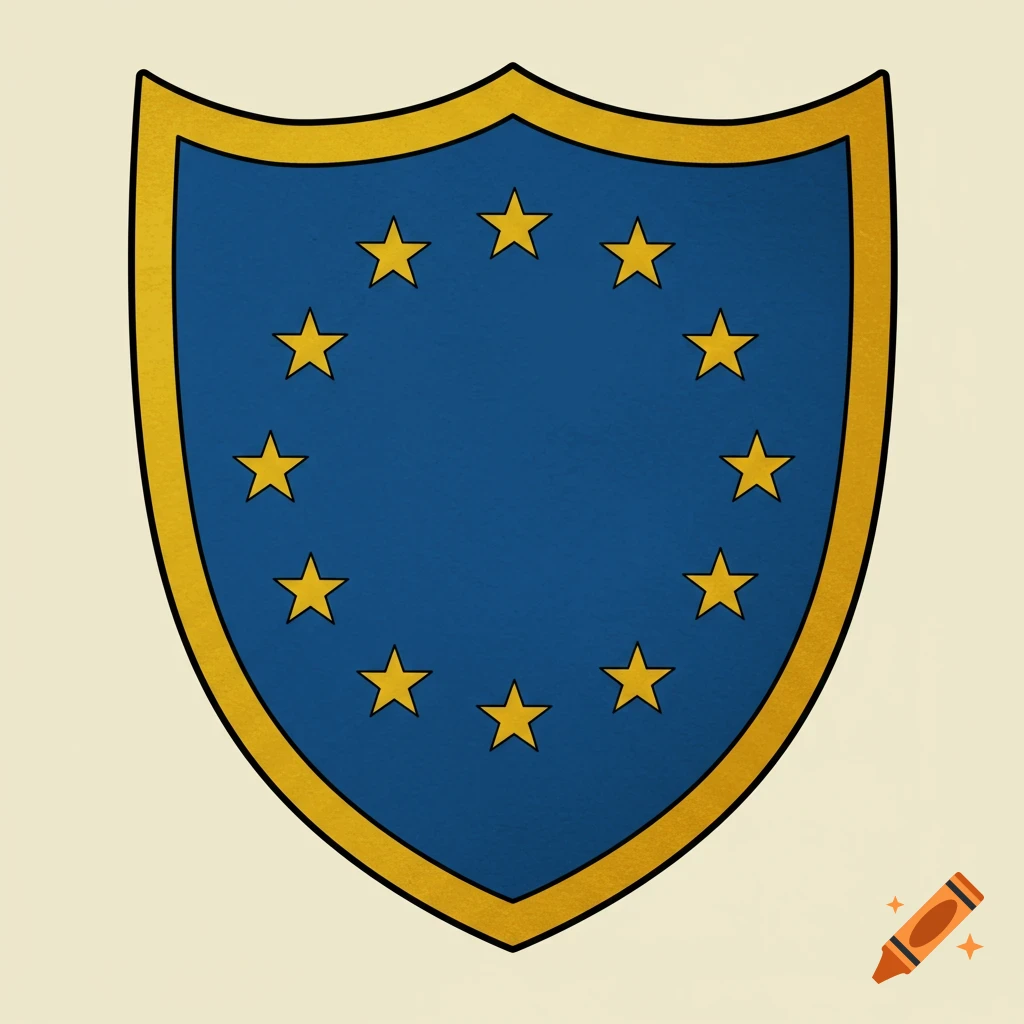 A blue shield with a golden border and a circle of yellow stars