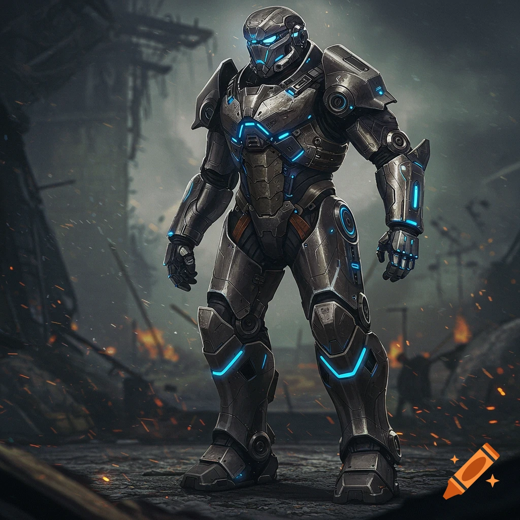A futuristic power-armored figure stands in a ruined environment.