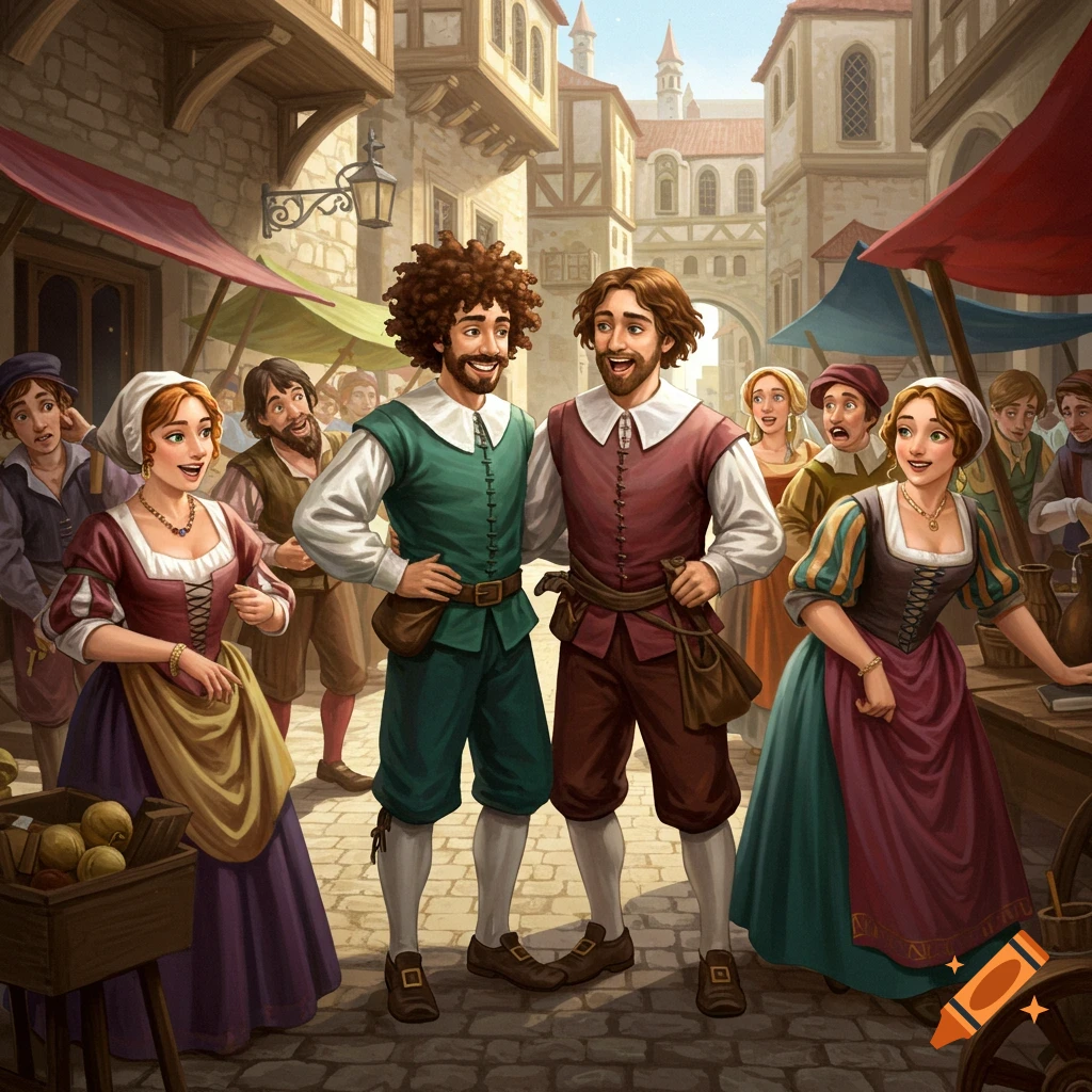 Two men resembling each other stand in a busy historical marketplace, surrounded by other people.