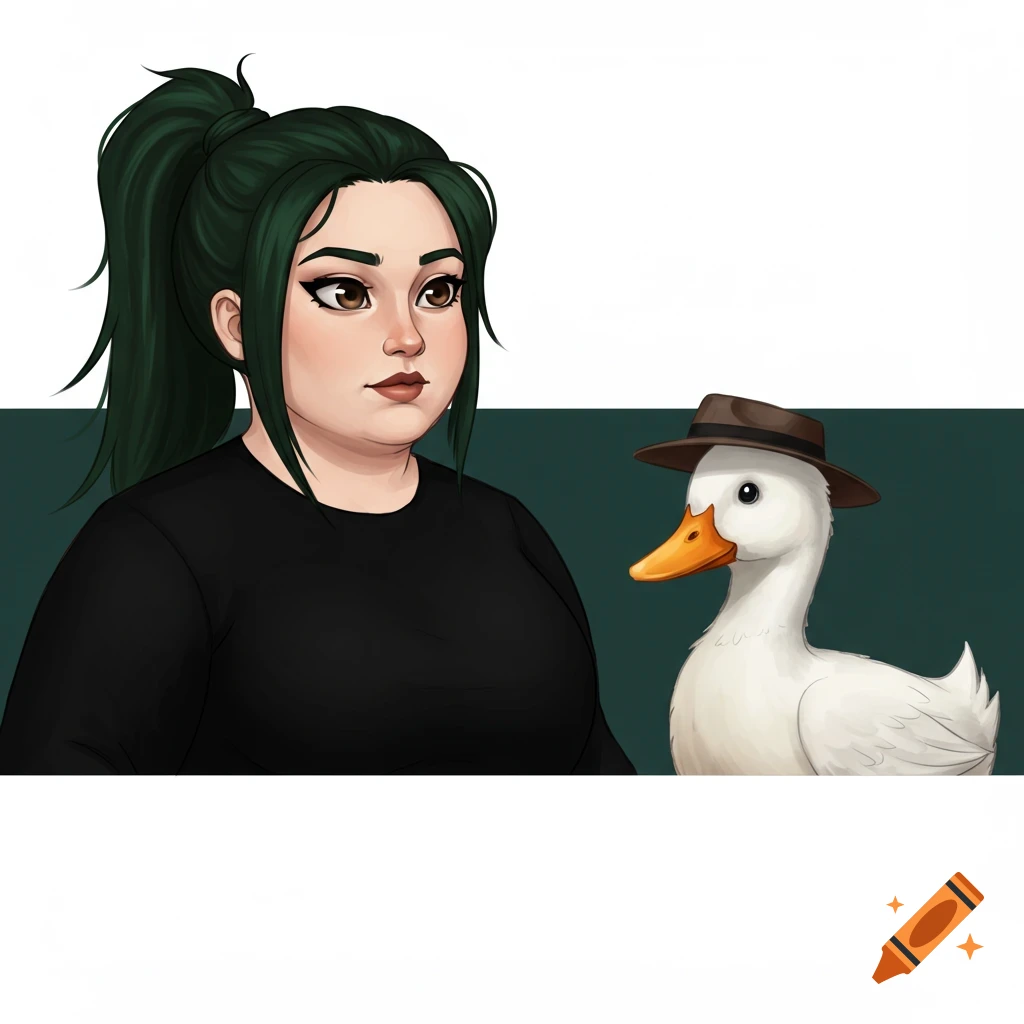 Illustration of a woman with green hair looking at a duck wearing a hat.
