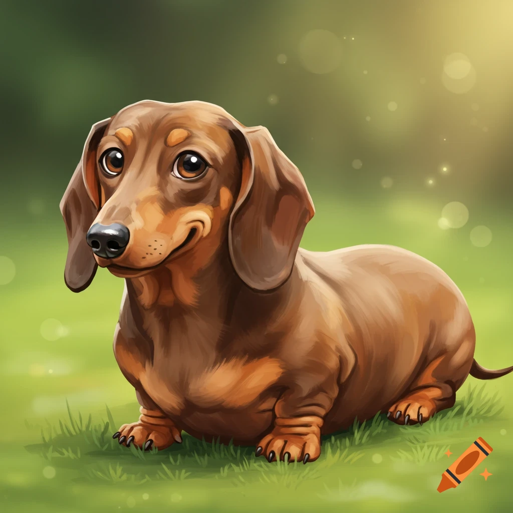 A cute brown dachshund sits in grass.
