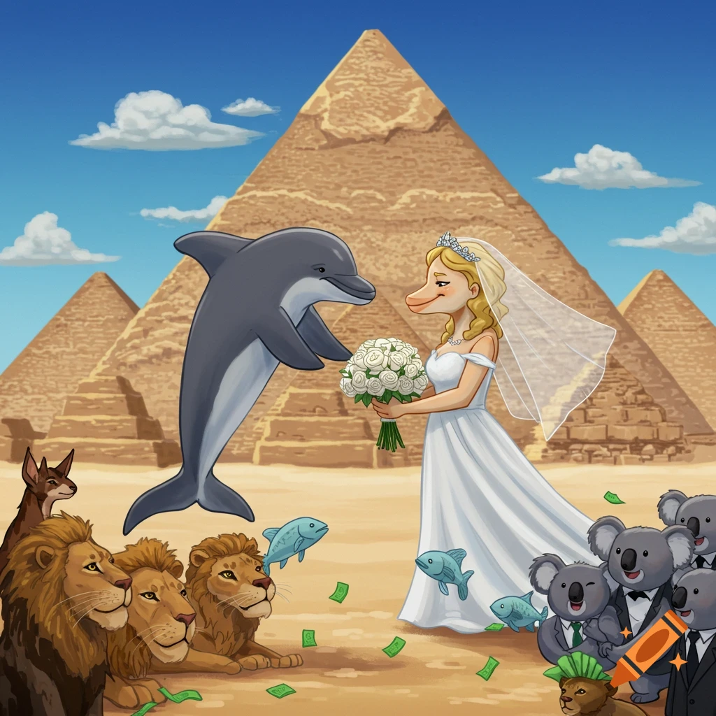 Cartoon of a dolphin and a duck in a wedding dress marrying in front of pyramids, with lion, koala, and fish guests.