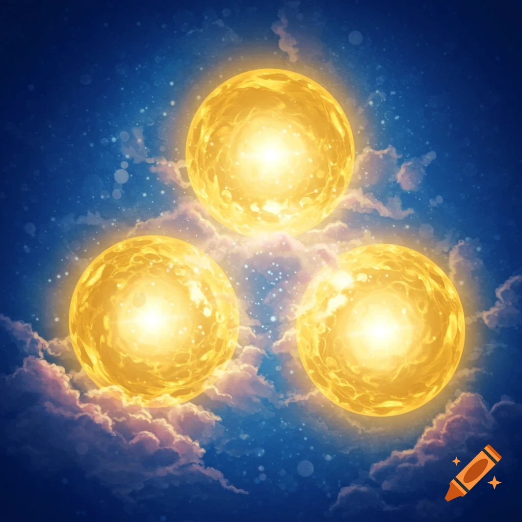 Three glowing yellow orbs representing the Holy Trinity in a cloudy sky.