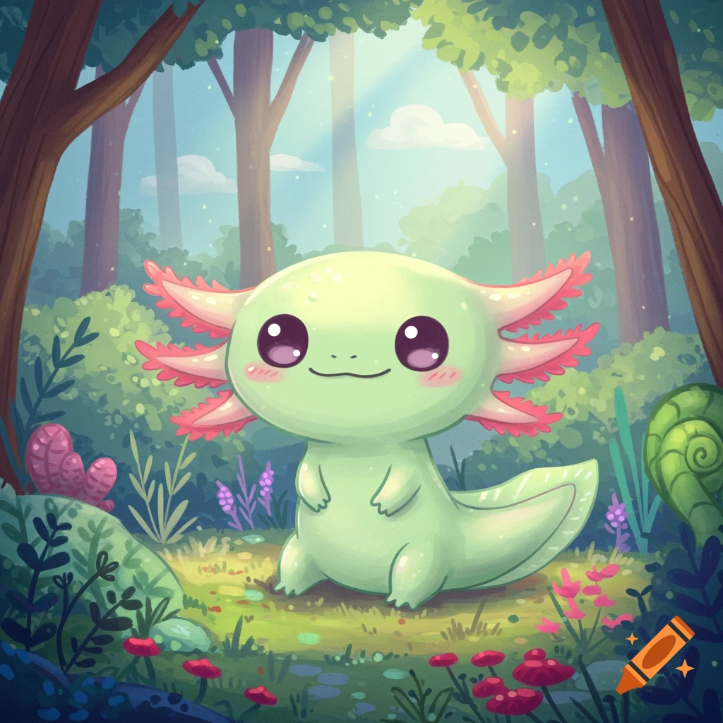 A cute green cartoon axolotl with big eyes and a smile sits in a sunny forest clearing.