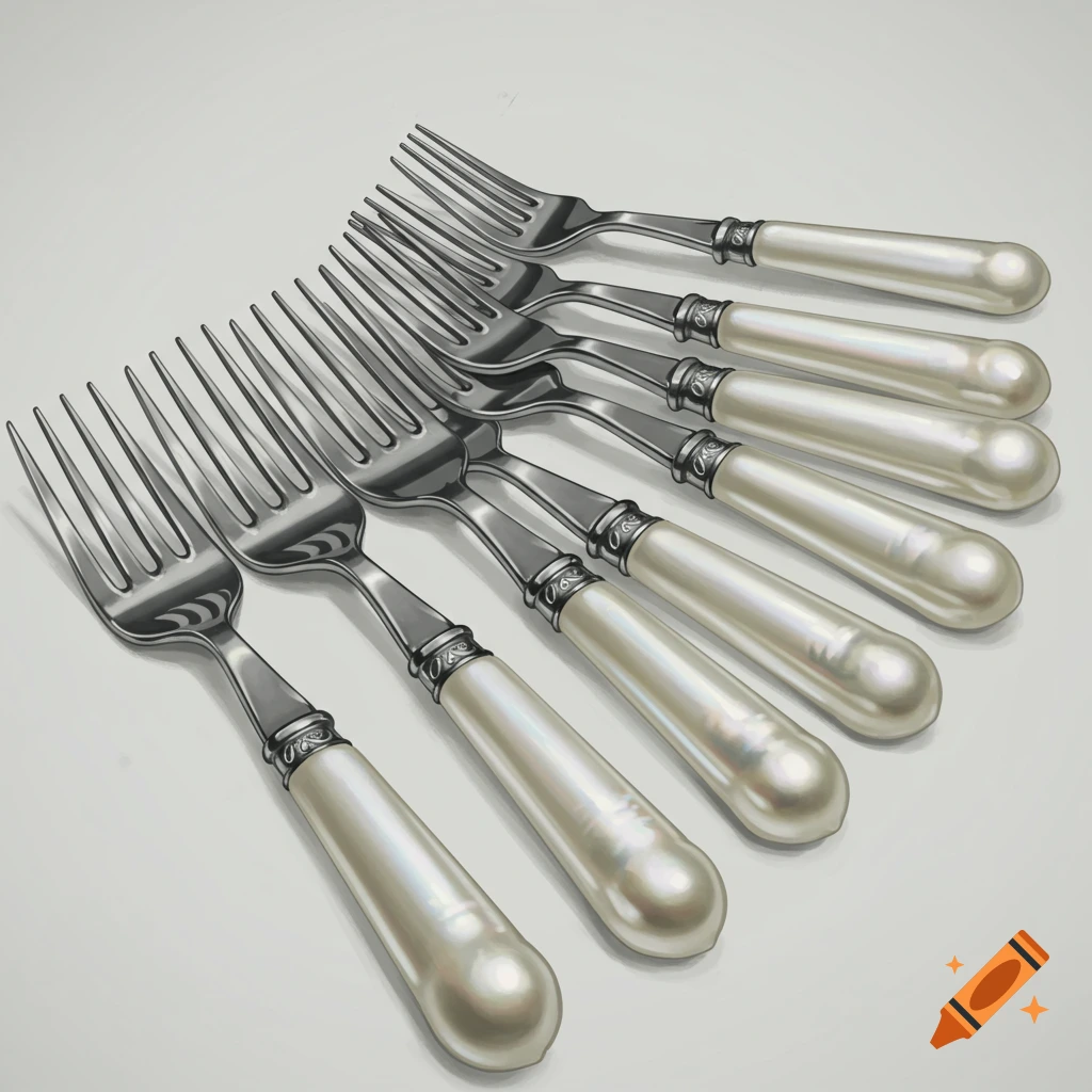 pearl handled forks fanned out on a white table