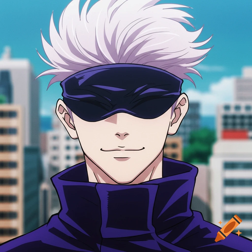 Anime illustration of a white-haired character wearing a blindfold and purple jacket, smirking with a city backdrop.