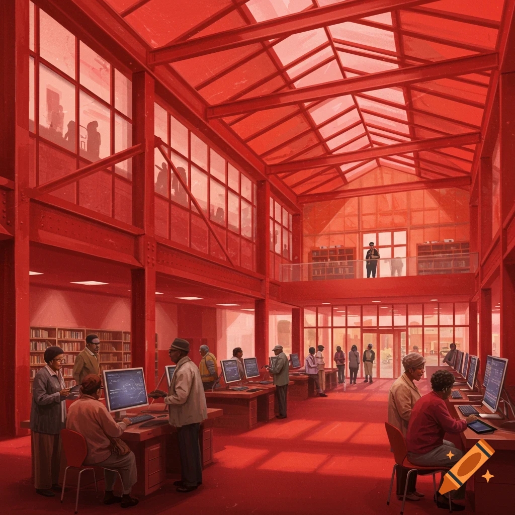 Red library interior with senior citizens using computers.