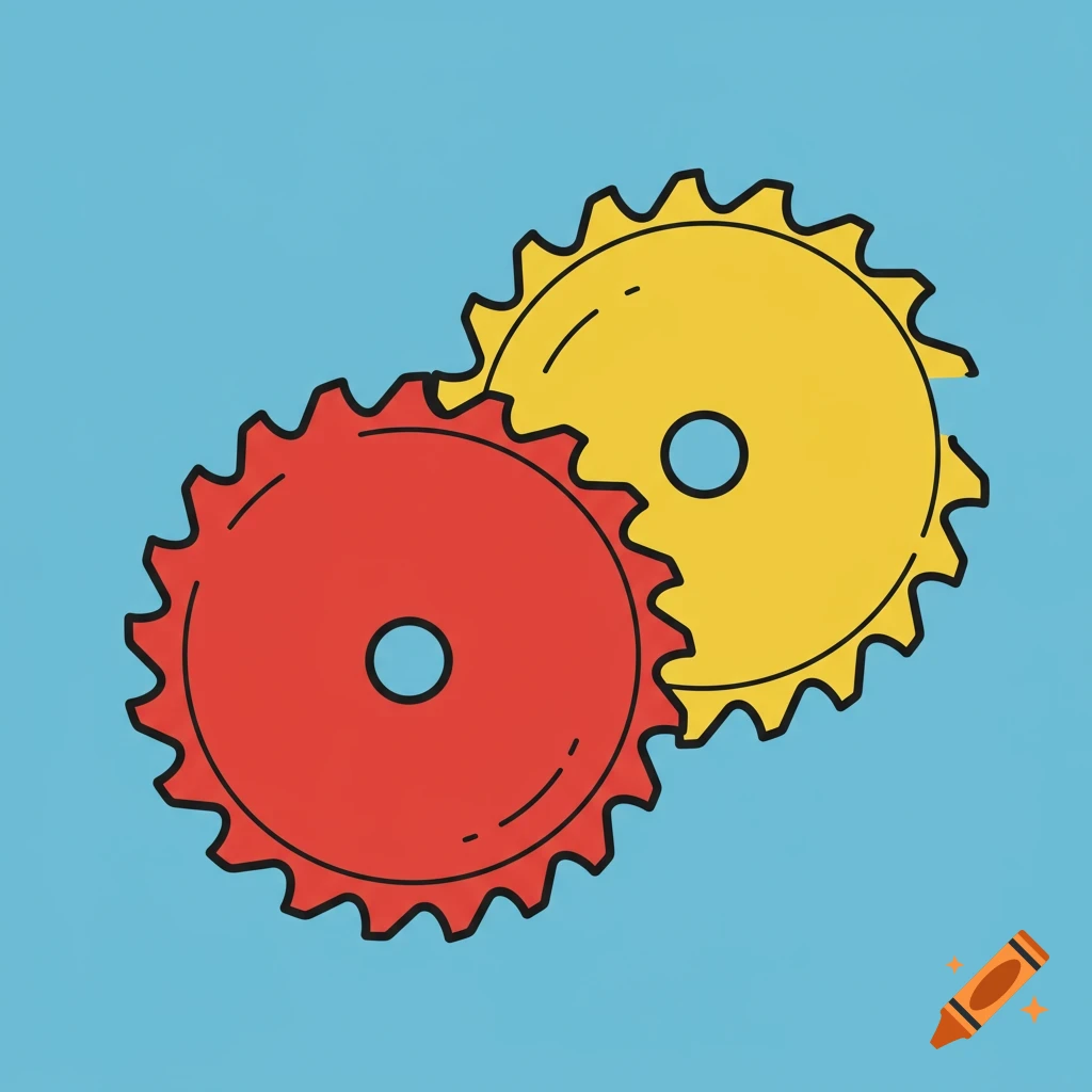 Red and yellow gears on a blue background, illustration style.