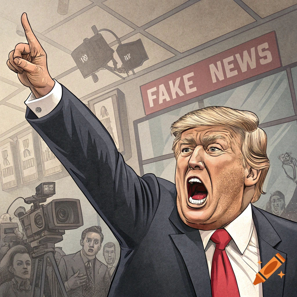 Illustration of Donald Trump yelling and pointing under a sign that says 'FAKE NEWS'.