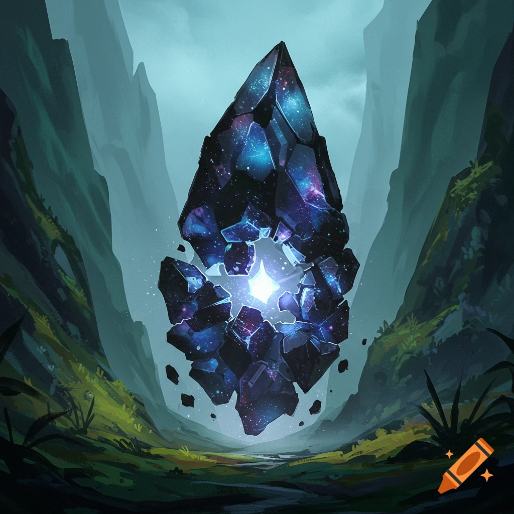 A large dark crystal shard with starry patterns and light, floating in a misty valley.