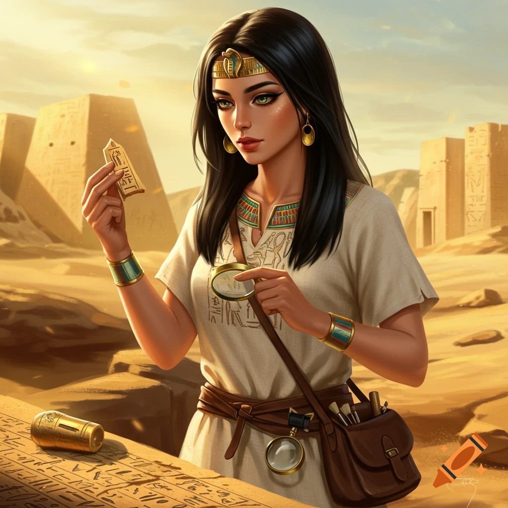 An Egyptian archeologist examining a tablet with hieroglyphs in a desert landscape near pyramids.