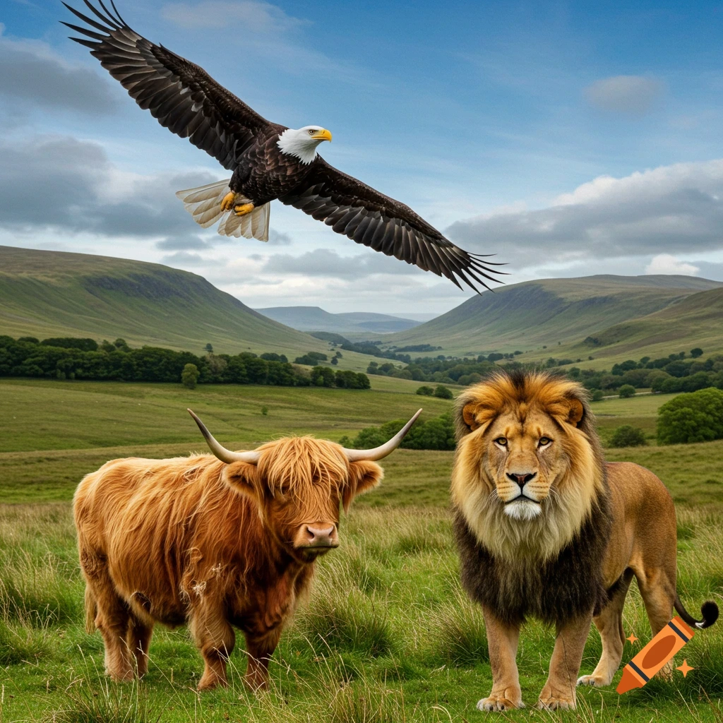 An eagle flies above a Highland cow and a lion in a grassy valley.