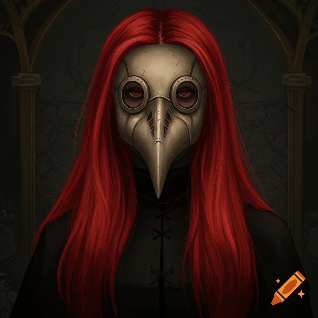 A person with red hair is wearing a plague doctor mask.