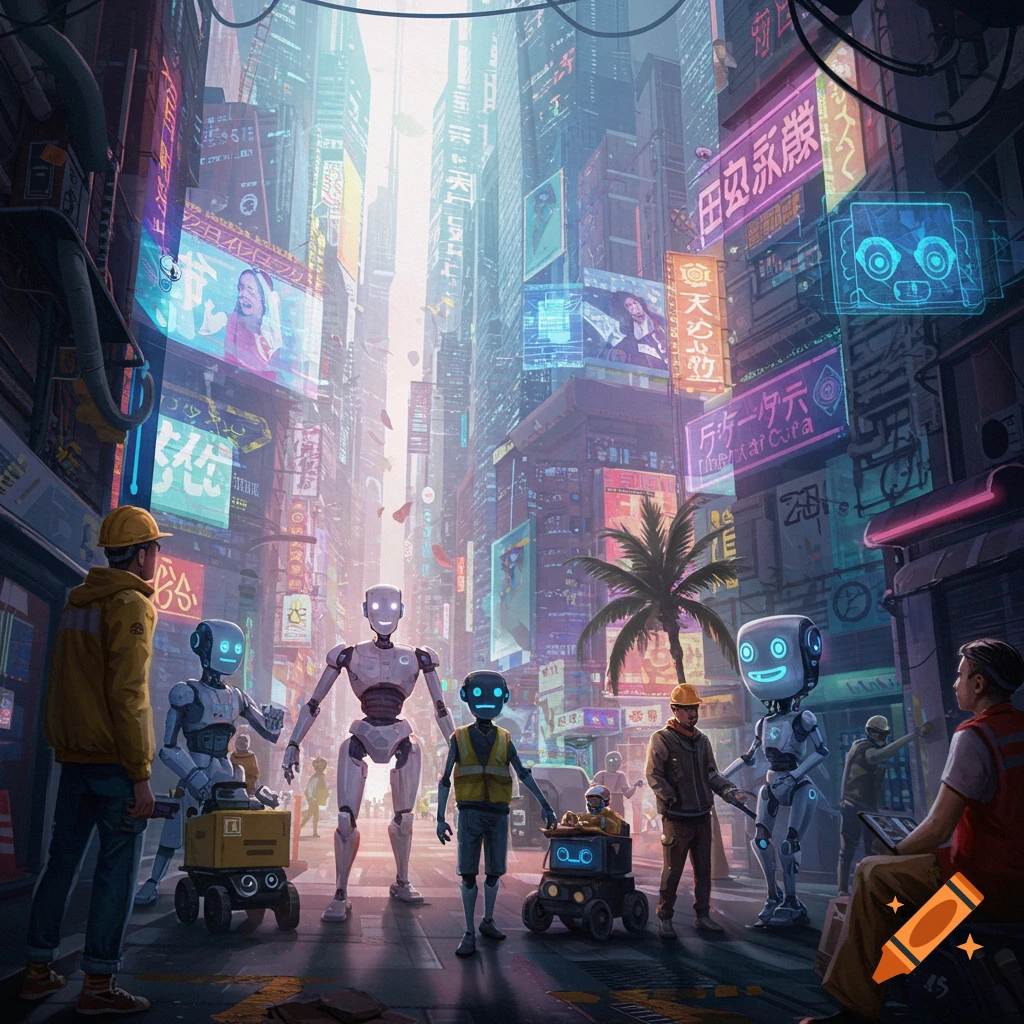 Robots and humans are on a futuristic city street with neon signs.