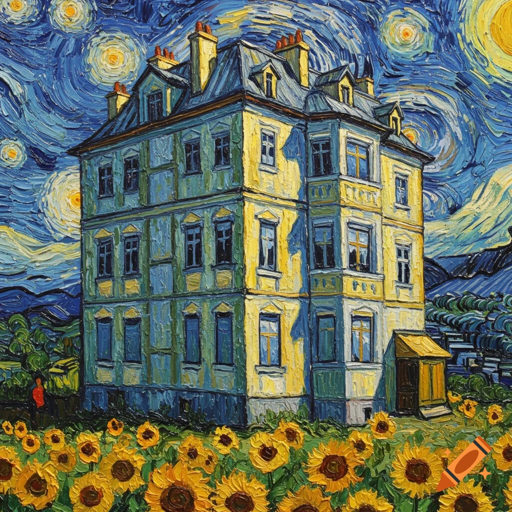 A building in a field of sunflowers, painted in the swirling impasto style of Van Gogh with a starry sky.