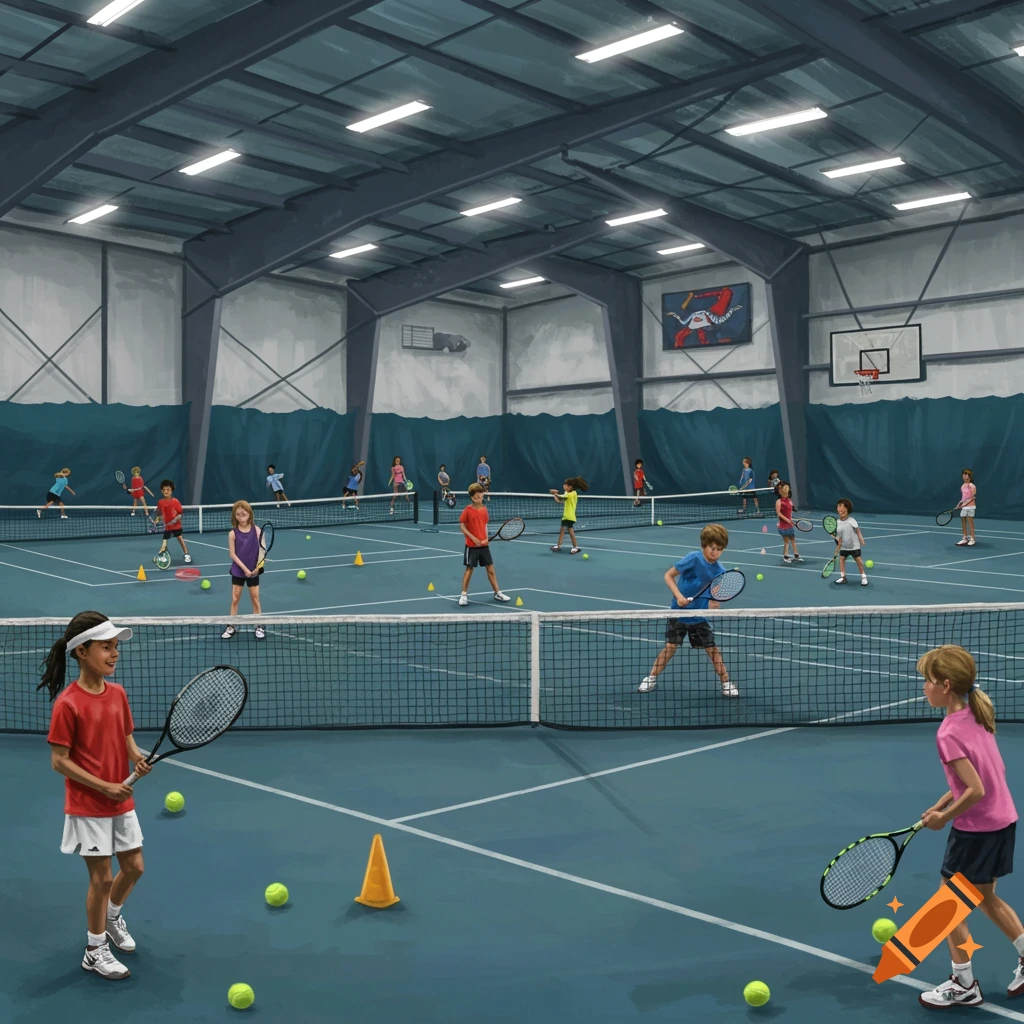 Children playing tennis on an indoor court.