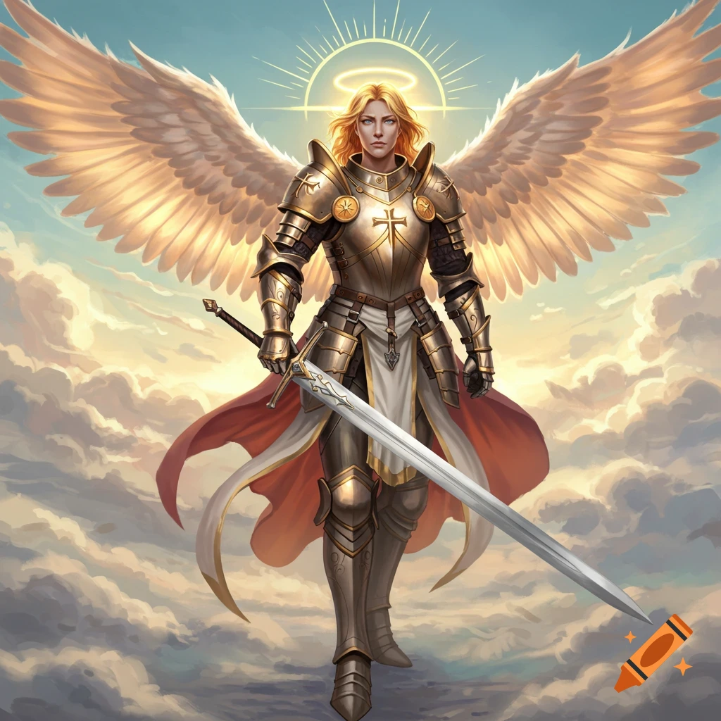 An angel knight in golden armor with wings, holding a sword and standing on clouds.