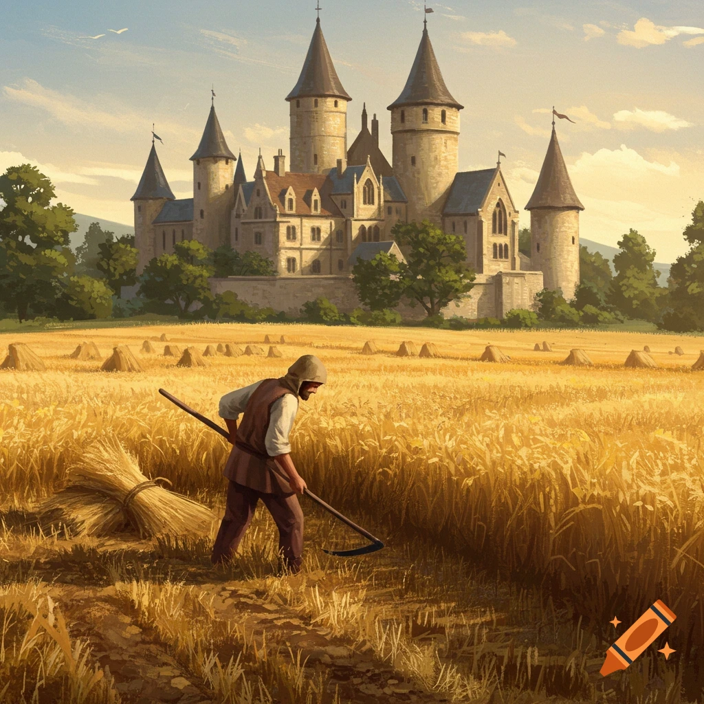 A serf harvests wheat in a field with a large castle in the background.