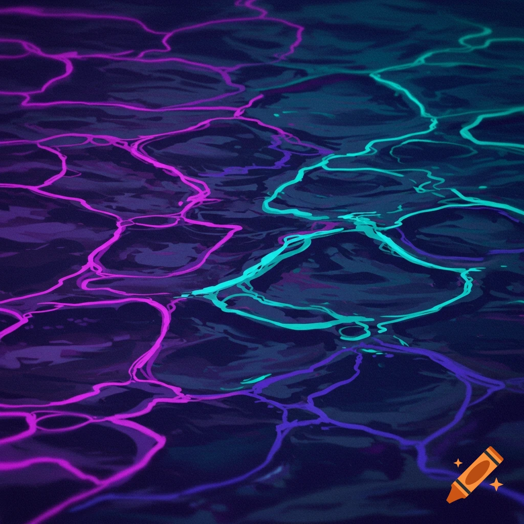 Dark water with pulsing pink and teal energy lines.