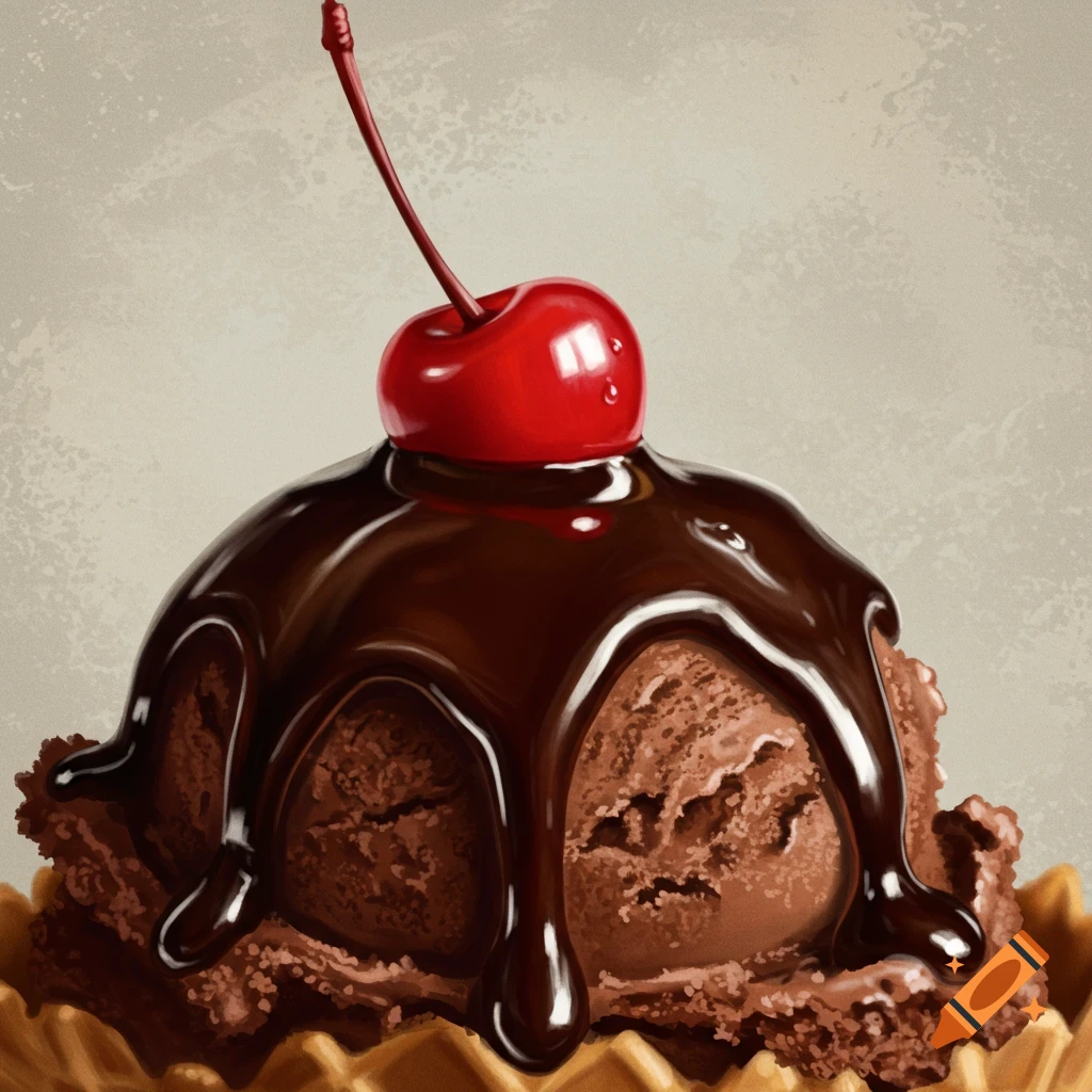 Chocolate ice cream with chocolate sauce and a cherry in a waffle cone.