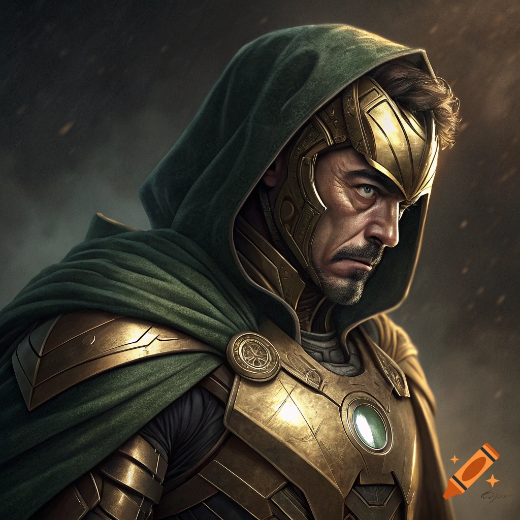 Portrait of a man in golden armor and green hooded cloak, looking to the side.