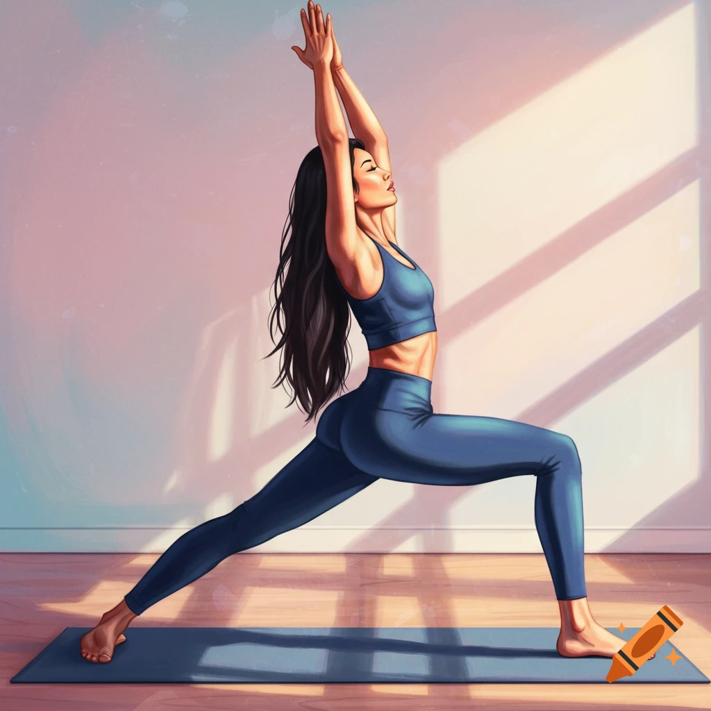 A woman doing yoga warrior pose on a mat in a sunny room.