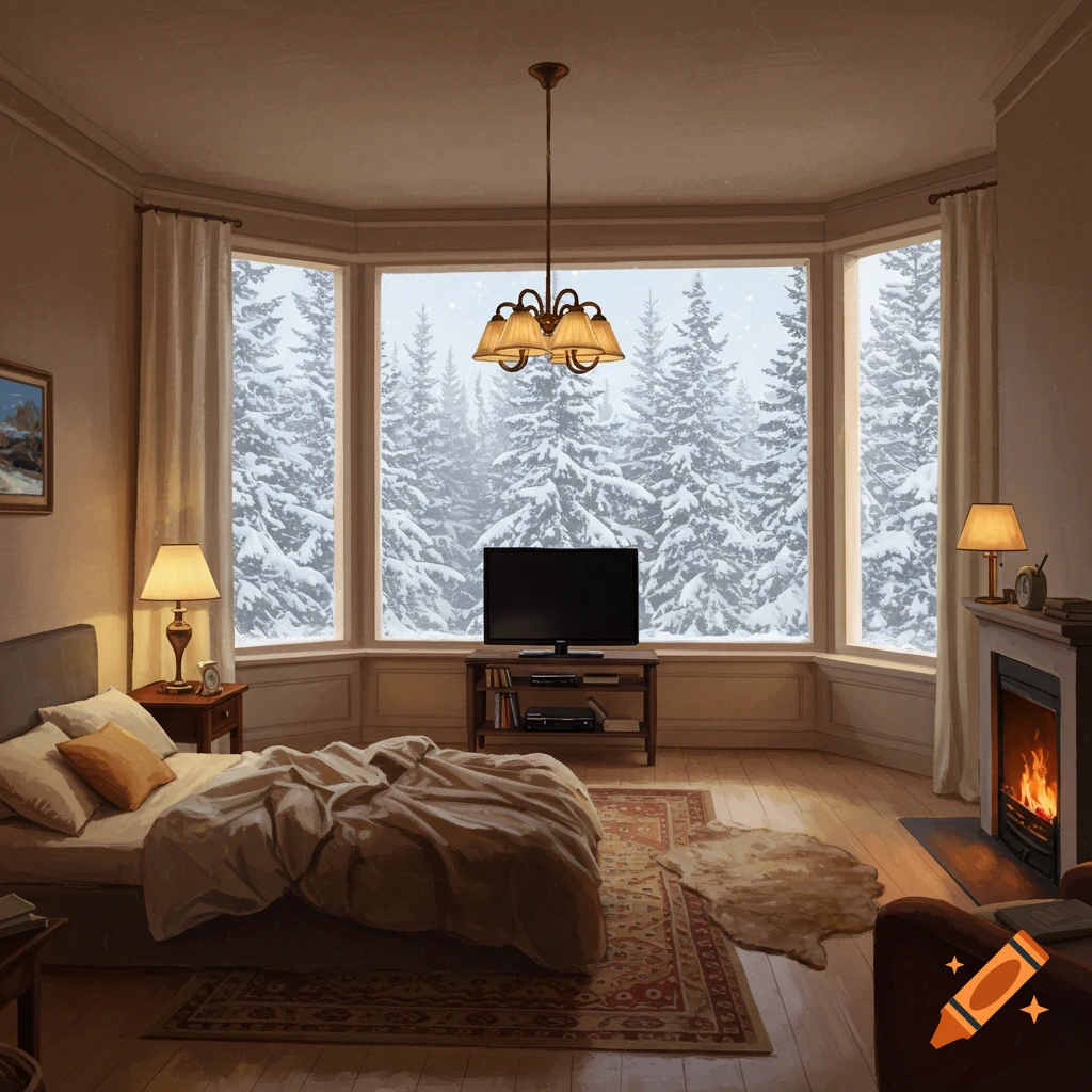 A cozy bedroom interior with a large window looking out at a snowy forest, featuring a bed, fireplace, TV, and rugs.
