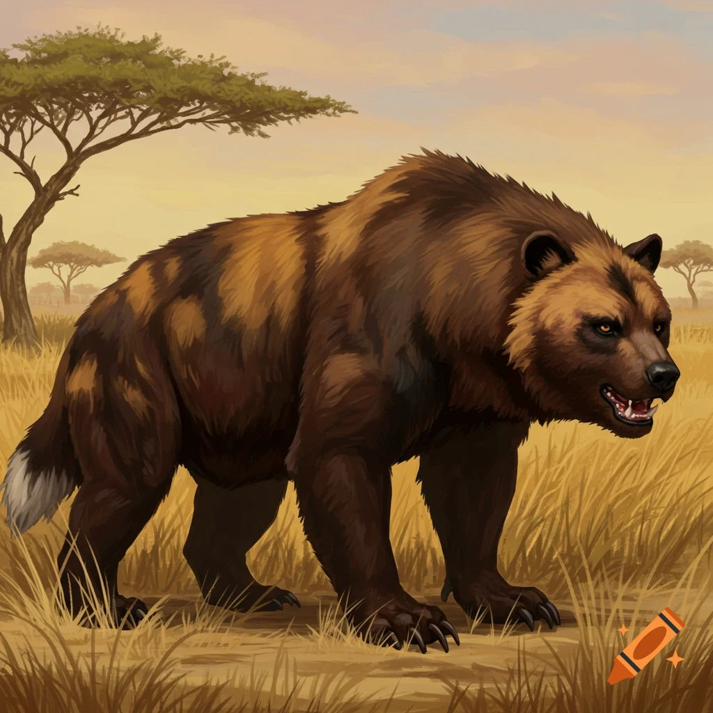 A brown hybrid bear-dog creature in a savanna landscape.