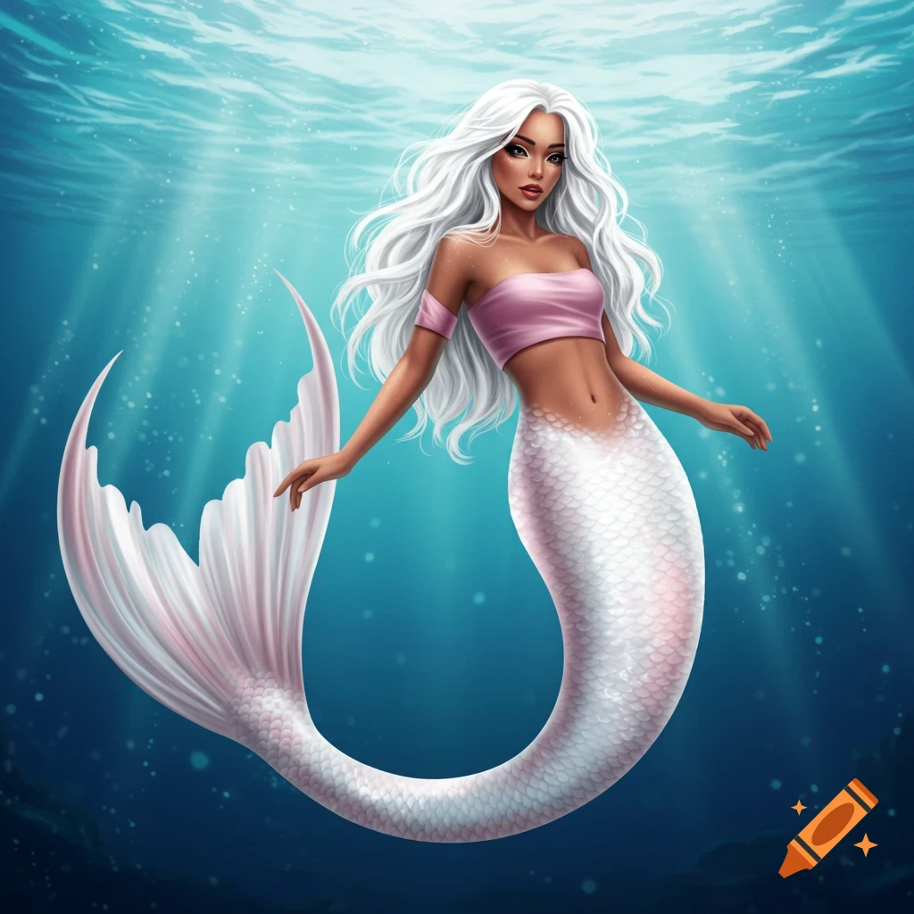 A white-haired mermaid wearing a pink top, swimming underwater with a white and pink tail.