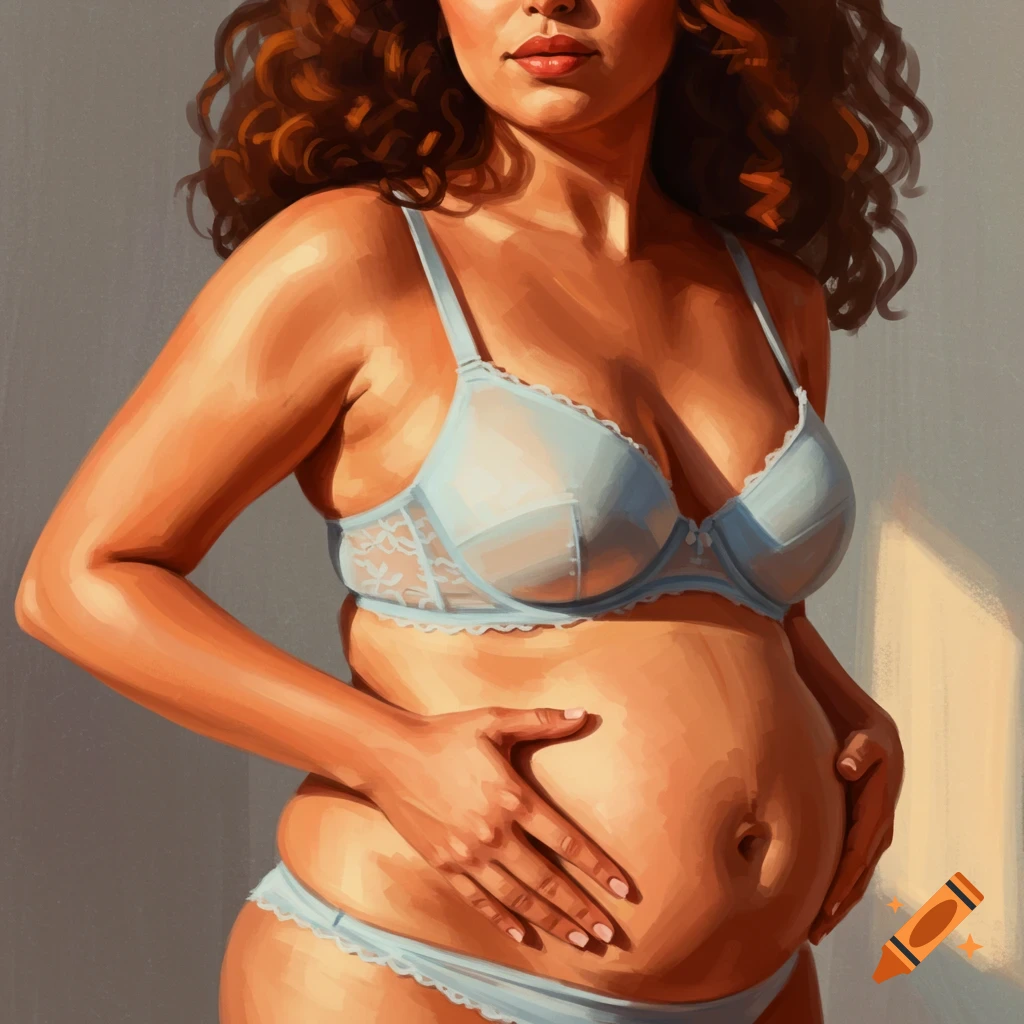 A pregnant woman in a bra and underwear holding her belly.