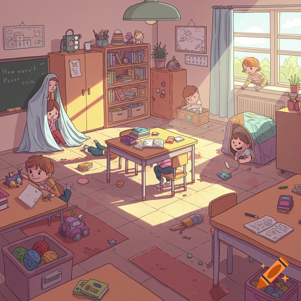 Illustrated classroom scene with children playing hide-and-seek among desks and furniture.
