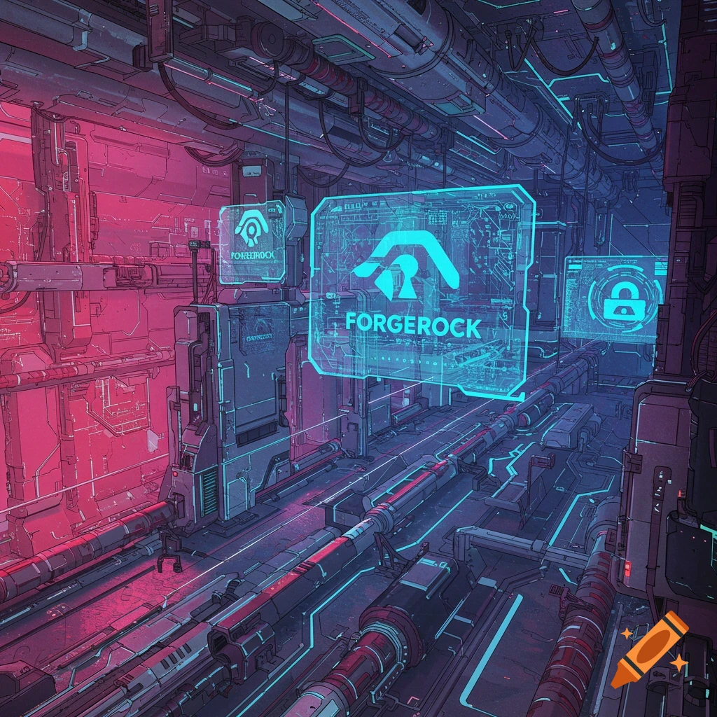 A futuristic server room with blue and pink lighting and screens displaying a logo and 'FORGEROCK'.