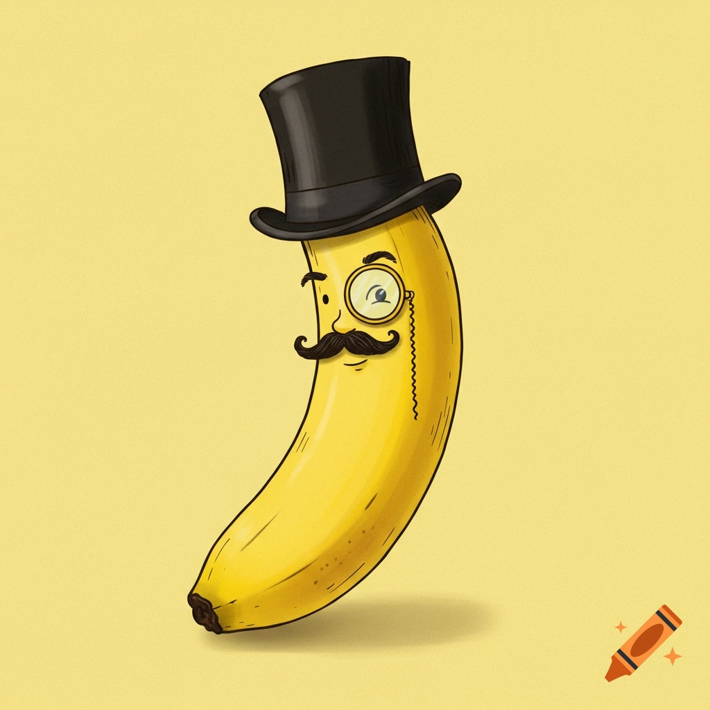 A cartoon banana wearing a top hat, mustache, and monocle.