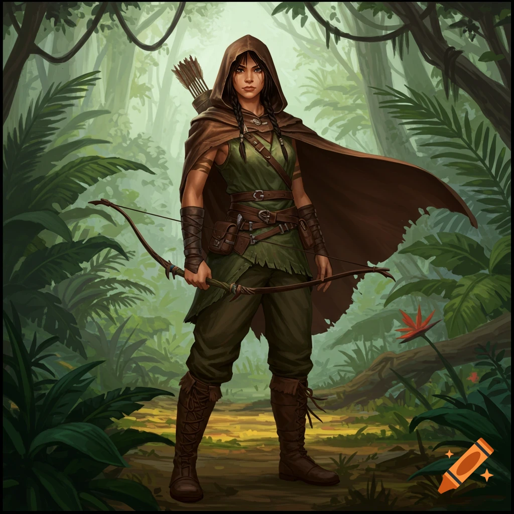 A woman jungle hunter with a cape and hood holding a bow.