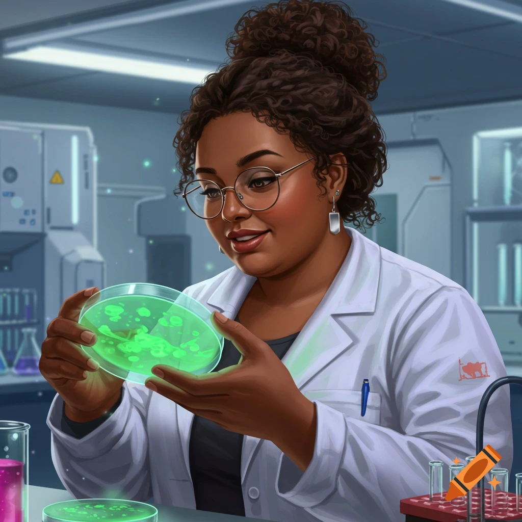 A Black female scientist examines a glowing petri dish in a laboratory.