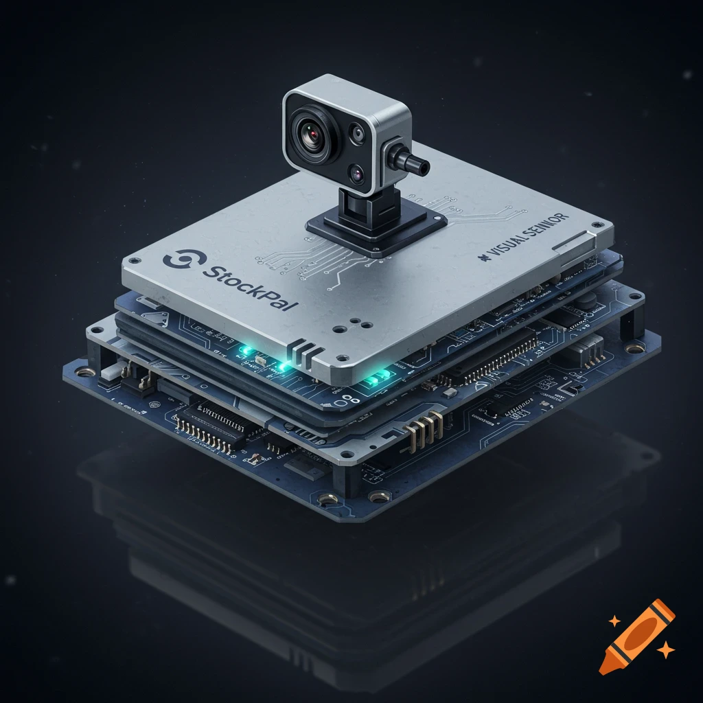 Digital render of an AI visual sensor device with a camera on layered circuit boards.