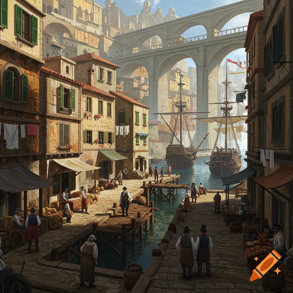 A bustling 1700s fantasy port city scene with ships, people, and buildings under a large arched bridge.
